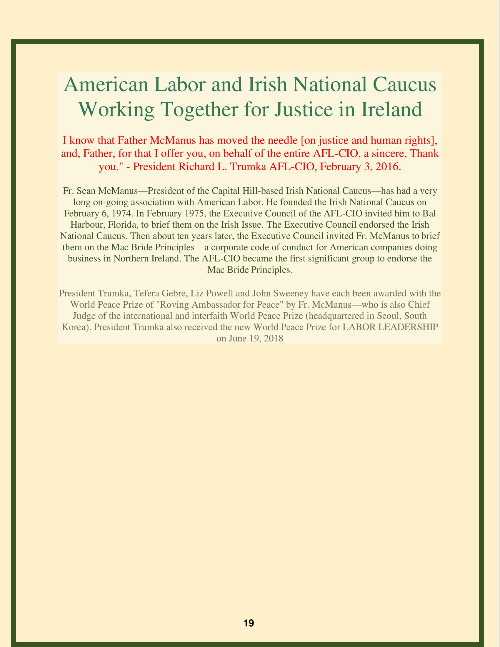 American Labor and Irish National Caucus Working Together for Justice in Ireland