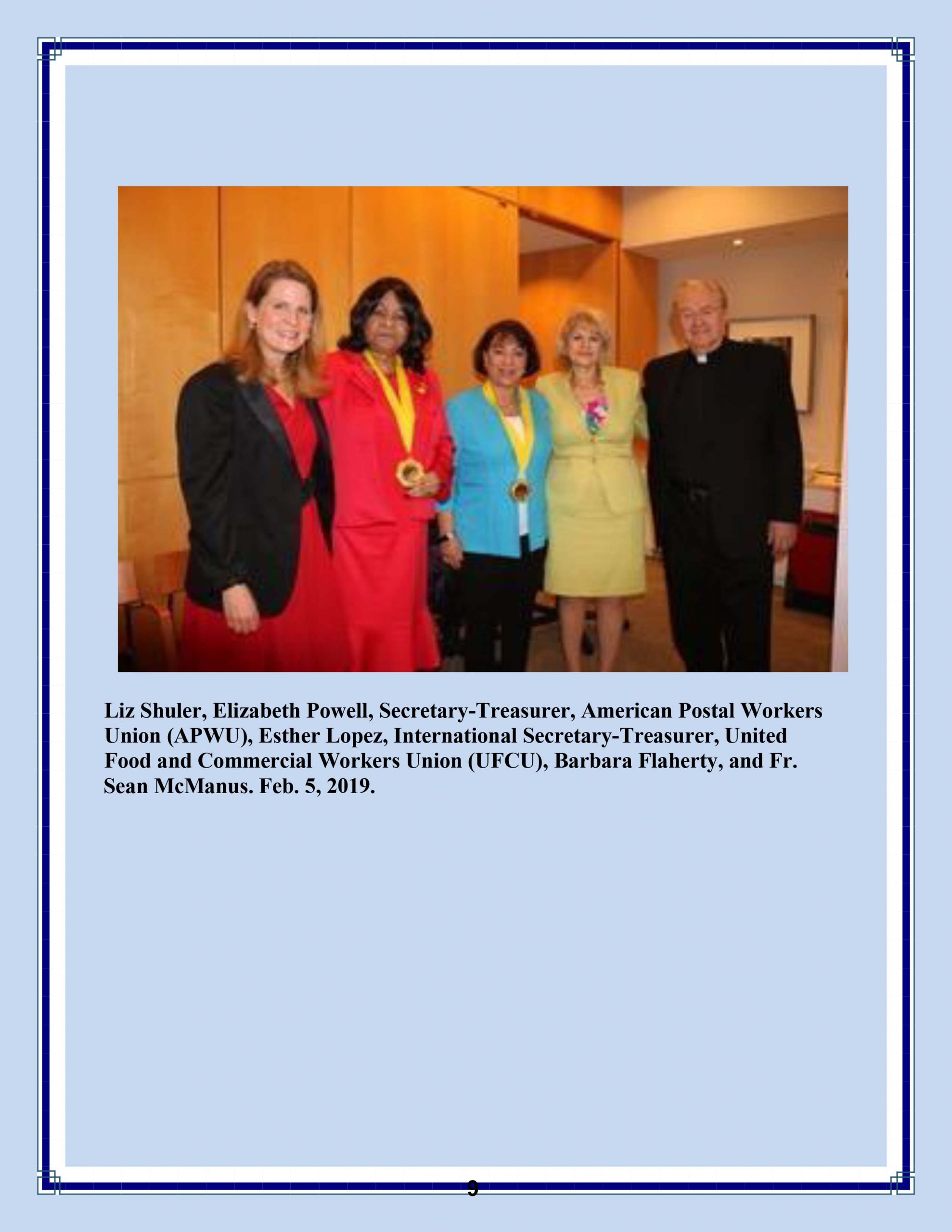 Liz Shuler, Elizabeth Powell, Esther Lopez, Barbara Flaherty, and Fr. Sean McManus
